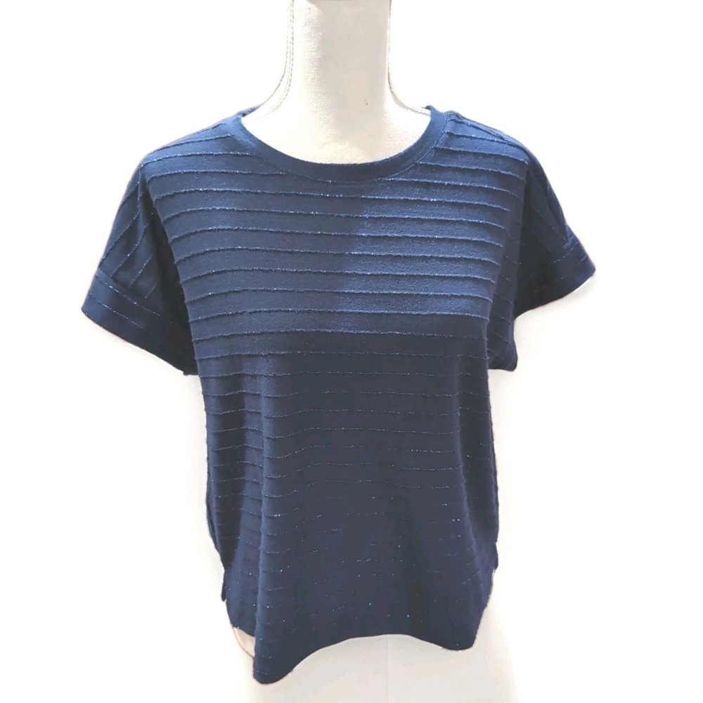 Ellen Tracy Womens Navy Blue Metallic Striped Knit Top Short Sleeve Size Large